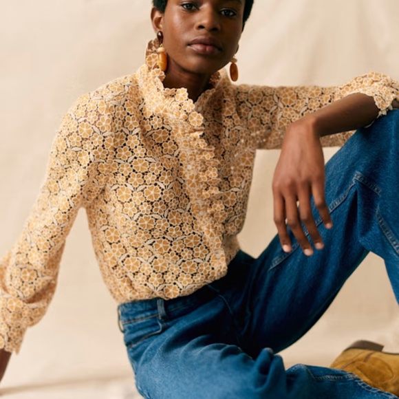 Sezane Guipure Ocre and Ecru Details Chlo Blouse NWT - Picture 1 of 7